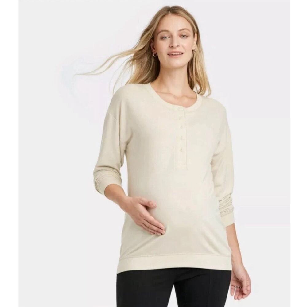 Ingrid & Isabel Maternity Shirt XS  Beige Long Sleeve Henley Beyond Top